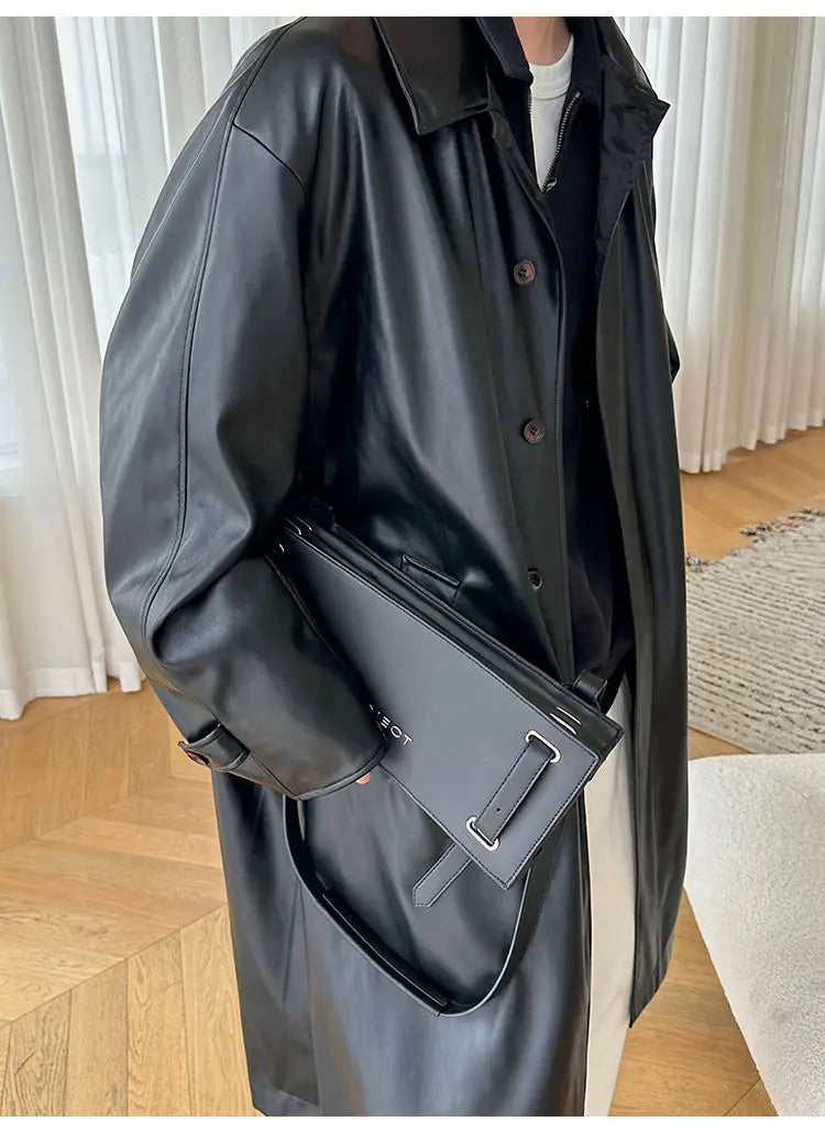 Threebooy 2025 Spring Pu Leather Jacket Men's Mid-length American Retro Long Jacket Lapel Button Coat Trendy Cityboy Windbreaker