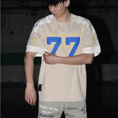 Threebooy  Spliced Short-sleeved Top American Retro Sports High Street Casual Rugby Uniform Basketball Hip-hop Jersey Aesthetic Oversize