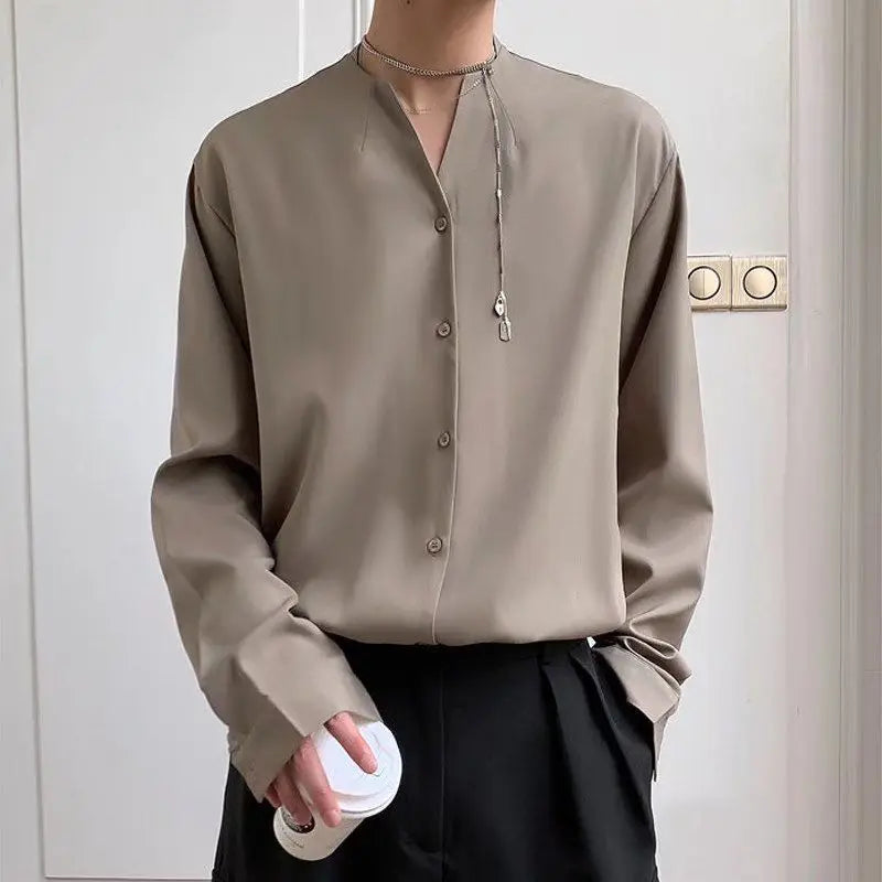 Threebooy 2025 New Retro V-neck Shirt Temperament Solid Color Long-sleeved Drooping White Shirt Korean Loose Trendy Top Aesthetic Chic