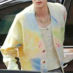 Threebooy Autumn And Winter Mens Coat Colorful Tie-Dye Knitted Cardigan Coat Versatile Casual Loose Lazy Style Long-Sleeved Sweater