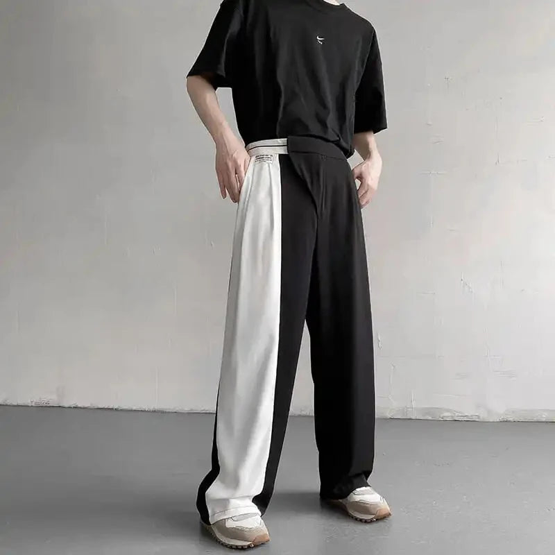 Threebooy Fashion Trend Black White Solid Color Asymmetrical Elastic Waist High Casual Full Length Pants Straight Loose Men's Clothing