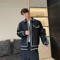 Threebooy Korean Street clothing fashion Spring Casual Contrast Colors Striped Male Casual Jacket Men's Niche Desgin Black Coats