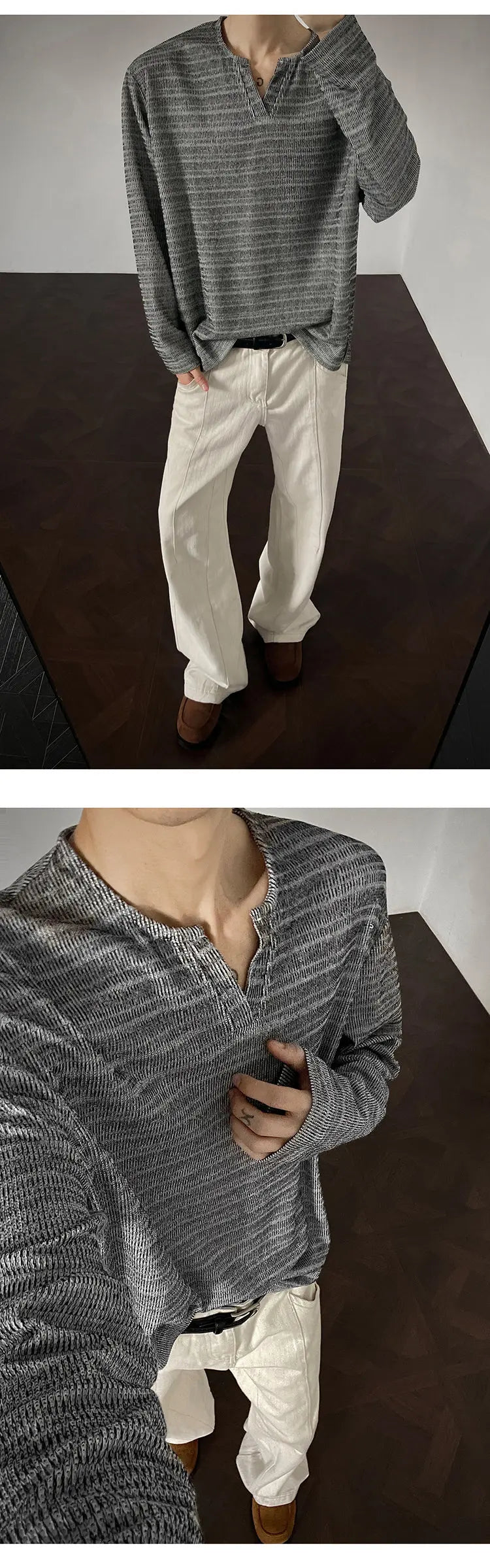 Threebooy 2025 New Fall Mens Long Sleeve Tshirt Soft Comfortable Casual Knitted Shirt V Neck Top Fashion Mens Clothing Teen Boys Clothing