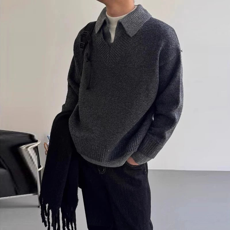 Threebooy  New American Chic Polo Neck Men Sweater Light Luxury Fake Two Piece Knit Pullover Trendy High Quality Long Sleeve Knitwear M-2XL