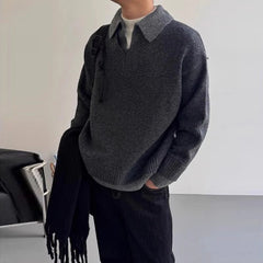 Threebooy  New American Chic Polo Neck Men Sweater Light Luxury Fake Two Piece Knit Pullover Trendy High Quality Long Sleeve Knitwear M-2XL