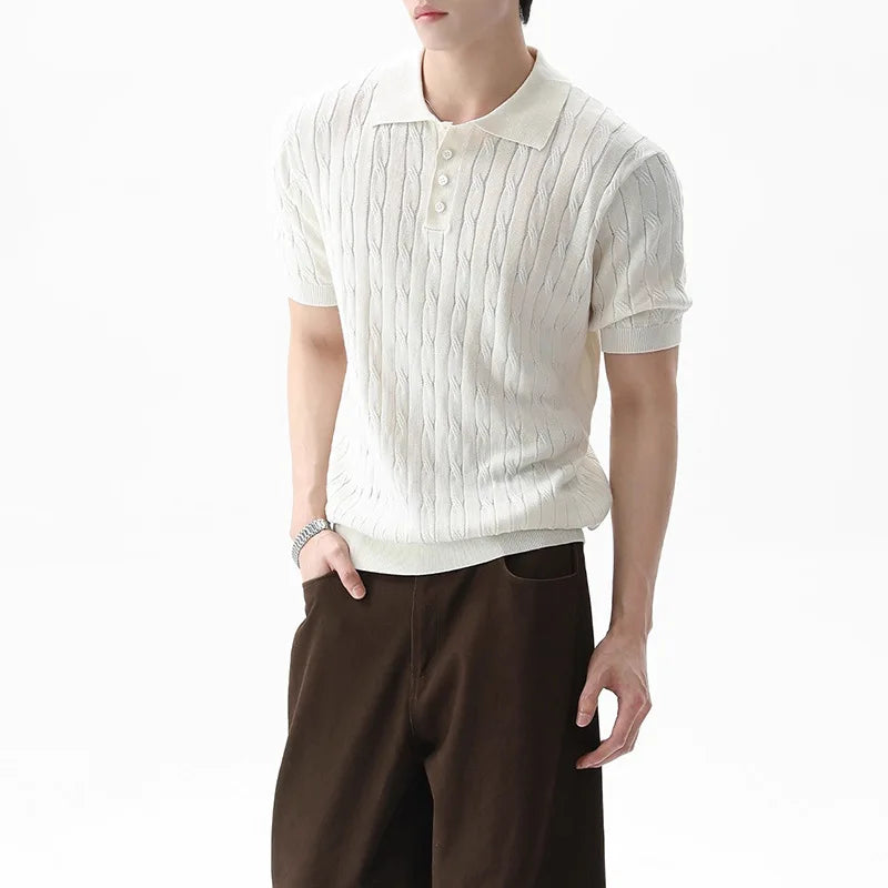 Threebooy  New Trendy Jacquarded Men Polo Shirt Light Luxury Casual Business Solid Color Knitted Short Sleeve T-shirt Fashion Stretchy Tops