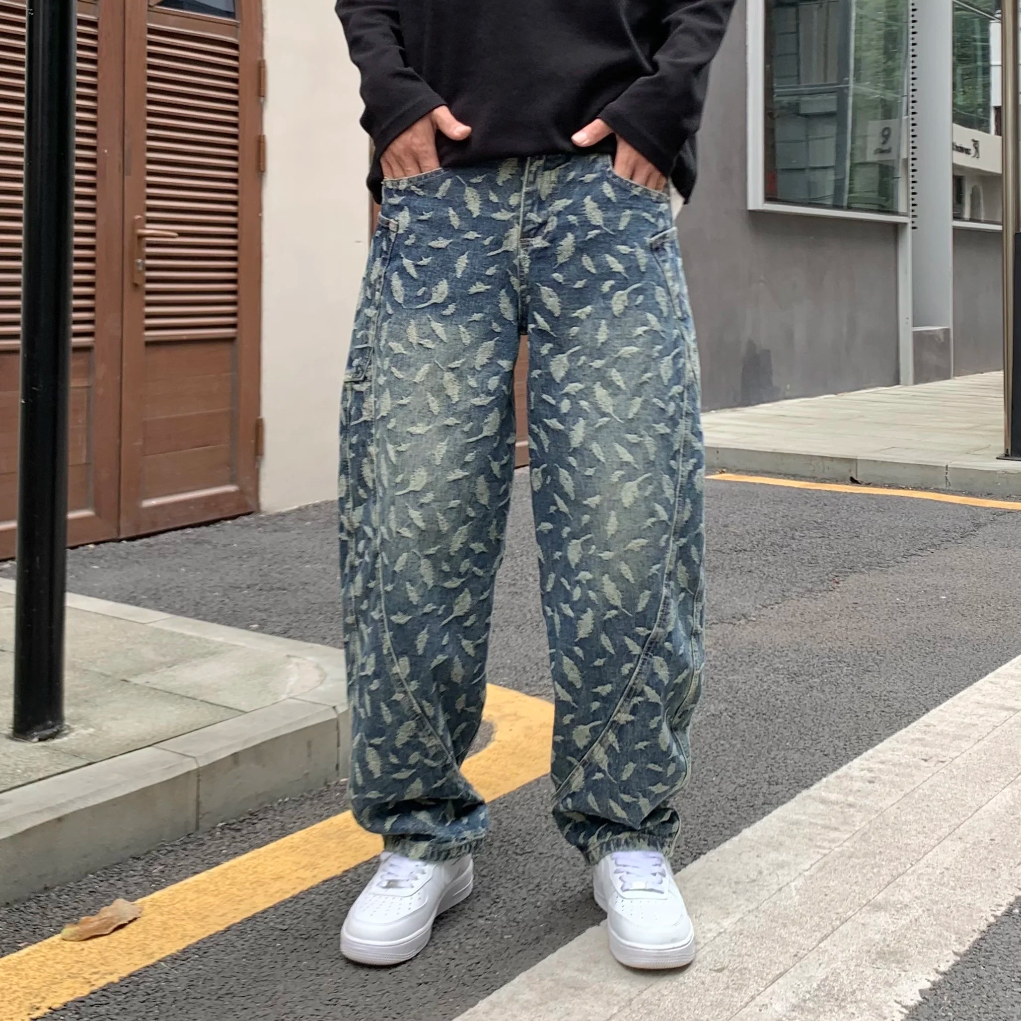 Threebooy High Quality Trendy New Leaves Jacquard Blue Baggy Jeans Men Loosen Fit Wide Leg Cargo Pants Male Street Bottoms