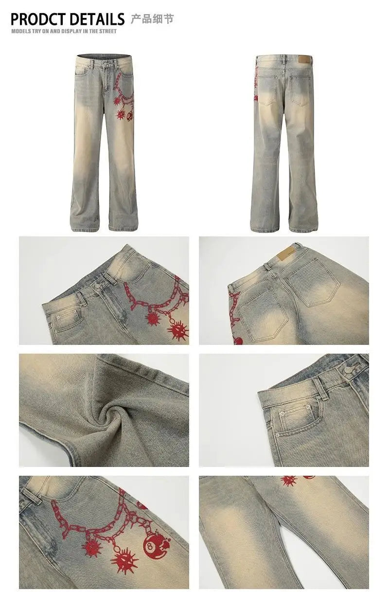 Threebooy American retro men and women trend personalized embroidered straight leg washed jeans couple spring and autumn casual pants y2k
