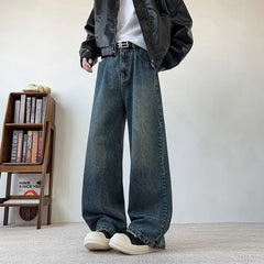 Threebooy Men's Wide Leg Curved-Knife Jeans Summer American Bamboo Pattern Striped Texture Design Men Trendy Denim Pants 2025 Baggy Jeans