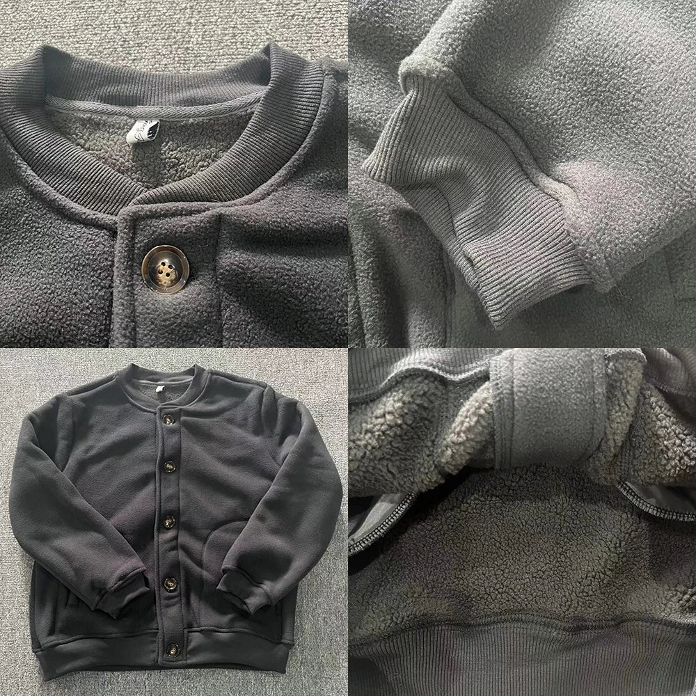 Threebooy Men's Jacket Autumn Winter Polar Fleece Stitching Double Layer Stand Collar Thickened Single-breasted Solid Color Jackets Tops