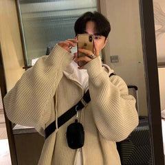 Threebooy Winter Clothing Men's Light Luxury Knit Hooded Cardigan Sweater Korean Vintage Popular Zipper Long Sleeve Loose Hoodie Knitwear
