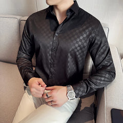 Threebooy  British Style Shirt Long Sleeved Slim Fit Checkered Shirt Men's Casual Business Dress Shirt Streetwear Social Men Clothing
