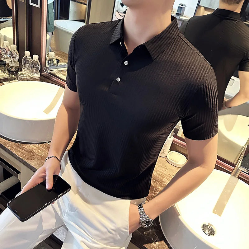 Threebooy Korean Style Men's Summer High Quality Elastic Force Ice Silk Polo Shirts/Male Slim Fit Stripe Casual Polo Shirts 4XL