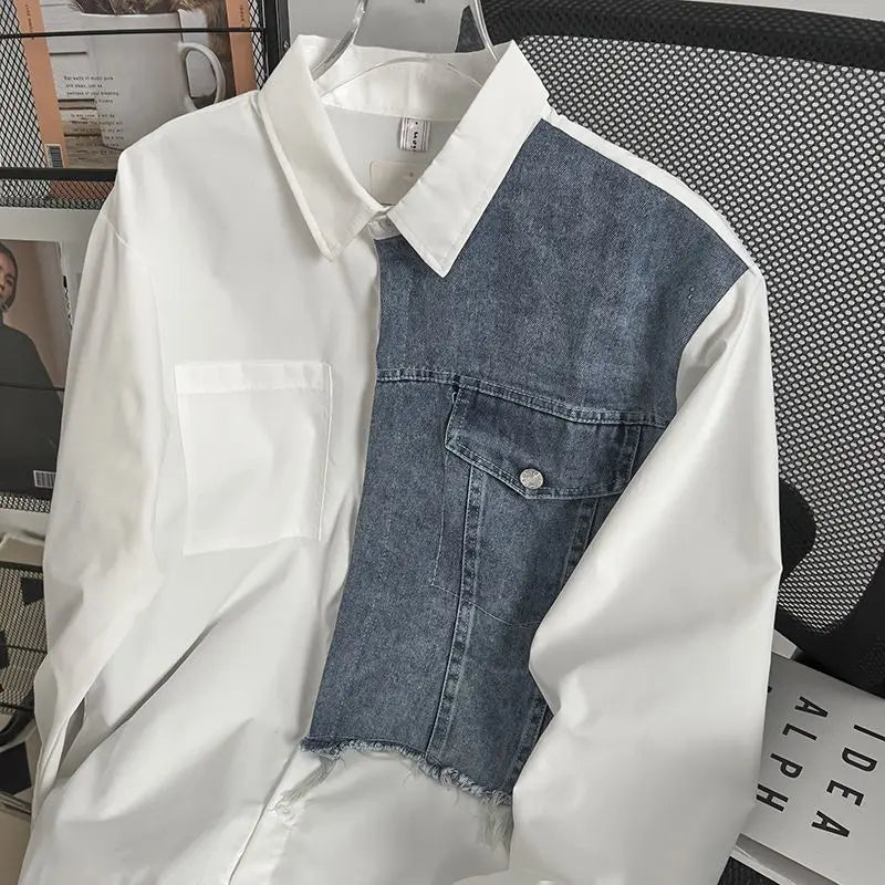 Threebooy Japanese High-end Denim Jacket Spliced Long-sleeved Shirt Men's Niche Design Sense High Street Couple Loose Casual White Shirt