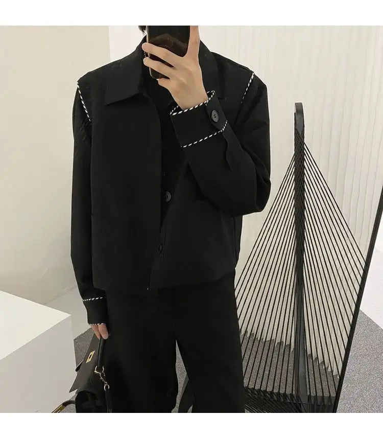 Threebooy Fashion Black Stitching Jacket Men's Buttons Spring Autumn New Loose Turndown Collar Single-breasted Long Sleeves Tops Jackets
