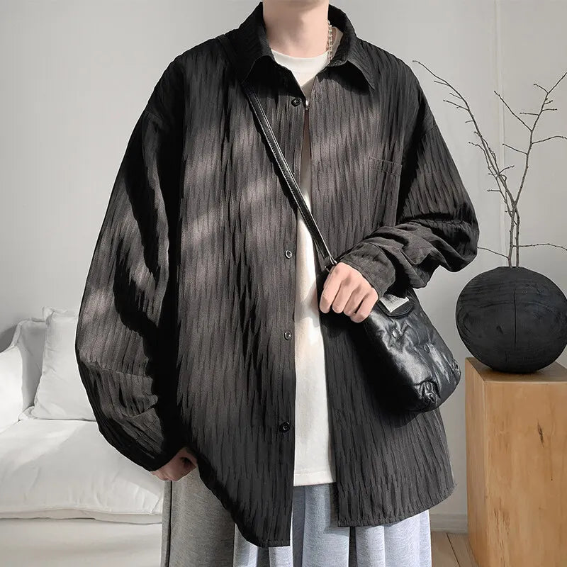 Threebooy New fabric Long-sleeved Shirts Men Korean Comfortable Blouses Casual Loose Single Breasted Textured Mens shirt Harajuku