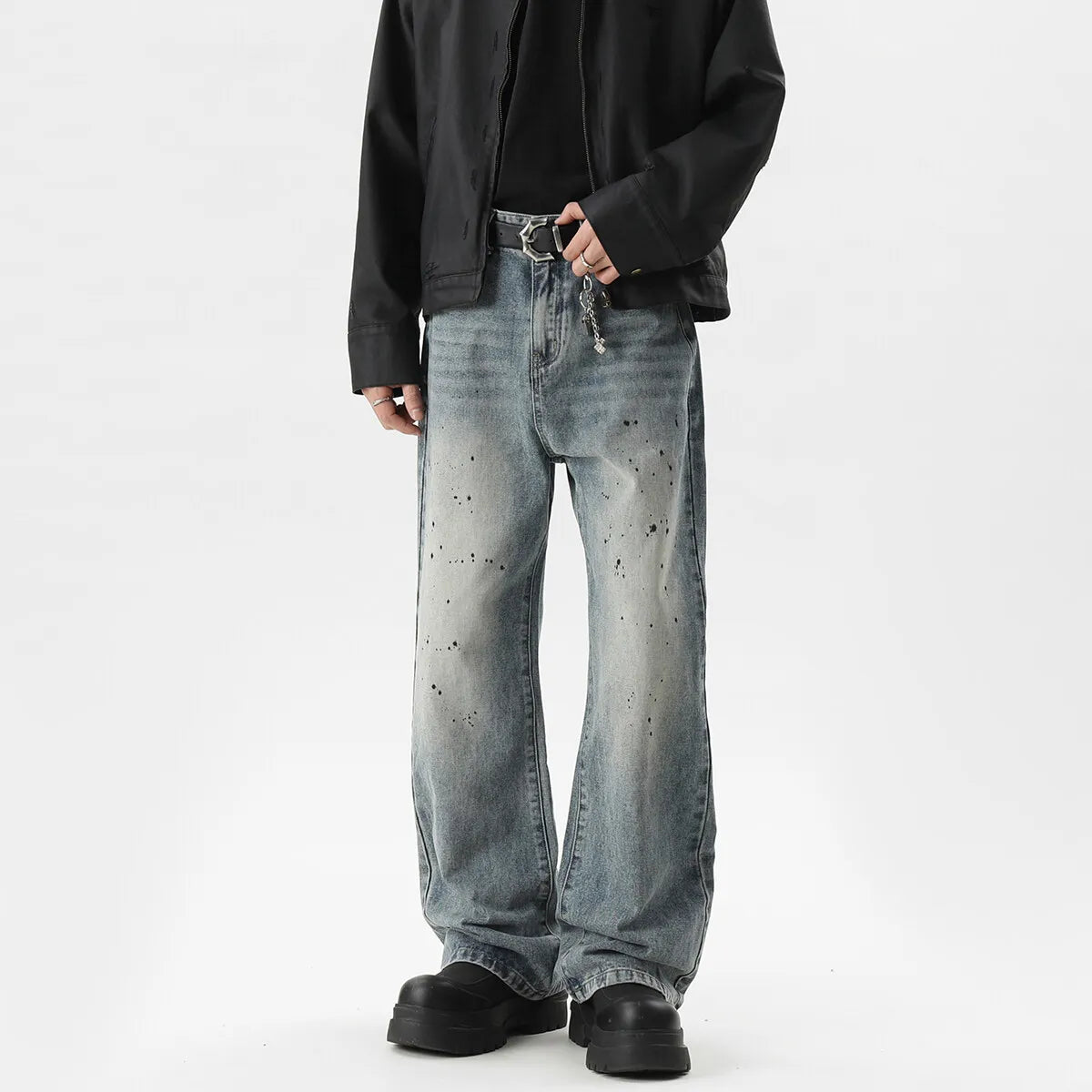 Threebooy Summer Men's Denim Pants fleck Washed Male Jeans Straight Casual Menwear Loose Wide Leg Trousers 2025 New Fashion