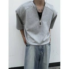Threebooy  Gray heavy half-zipper design short-sleeved T-shirt men's shoulder padded American high street handsome five-point sleeves