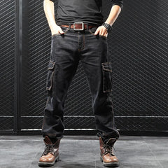 Threebooy  Men's Autumn/Winter Multi-Pocket Straight-Leg Cargo Pants Loose Fit Plus Size Plus Beefy Jeans Casual Comfortable Denim Trousers