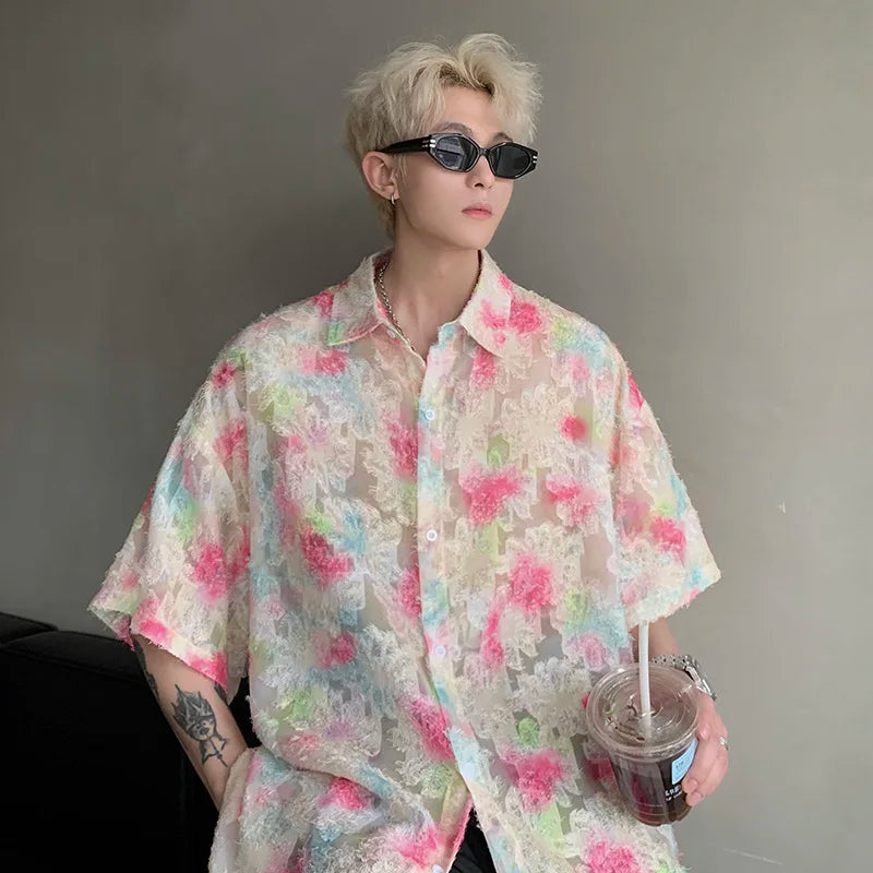 Threebooy Transparent Floral Handsome Shirts Summer Thin Fashion Casual Streetwear Loose Shirt Breathable Short Sleeve Men's Clothing
