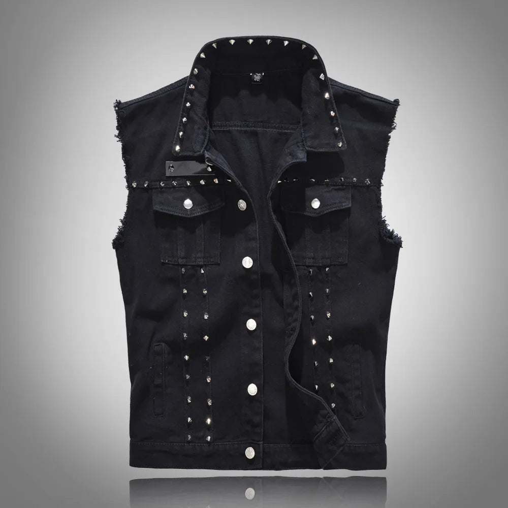 Threebooy  Spring Fashion Men Rivet Denim Vest Punk Party Studded Slim Fit Jean Jacket Male Sleeveless Waistcoat for Men Plus Size 6XL