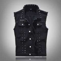 Threebooy  Spring Fashion Men Rivet Denim Vest Punk Party Studded Slim Fit Jean Jacket Male Sleeveless Waistcoat for Men Plus Size 6XL