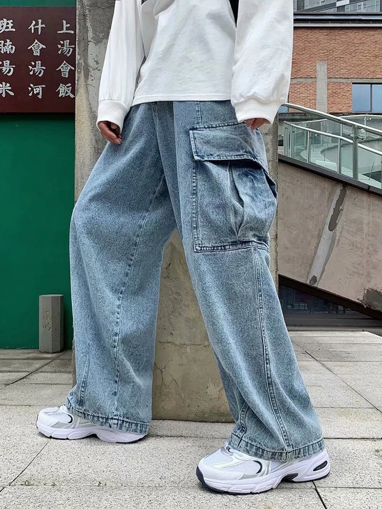Baggy Jeans Men's Oversize Streetwear Fashion Wide Leg Cargo Pants Hip Hop Harajuku Multi-Pocket Denim Trousers Black Blue