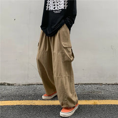 Threebooy Khaki Cargo Pants Men Elastic Waist Baggy Trousers Fashion Overalls Oversized Bottoms Summer Vintage Male Y2K Clothes Streetwear