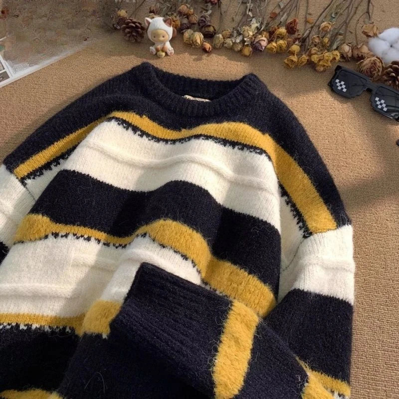 Threebooy Vintage Striped Sweater Men's Book Winter Contrasting Lazy O-neck Knitted Sweater Youth American Base Pullover Men Clothing