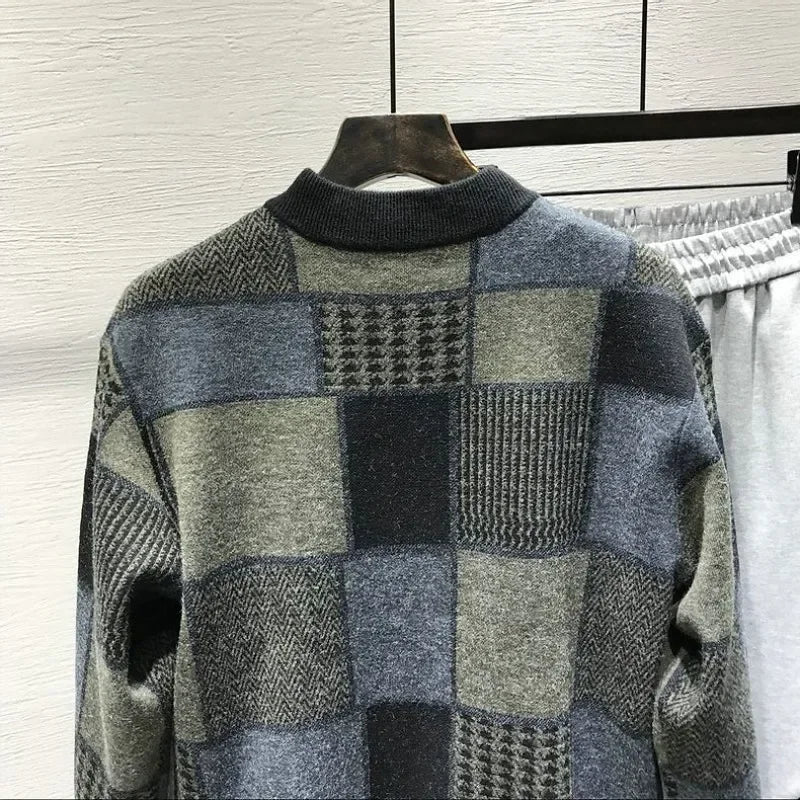 Threebooy Man Clothes Plaid Coat Knitted Sweaters for Men Jacket Cardigan Thick Winter Japanese Harajuku Fashion Over Fit Knit