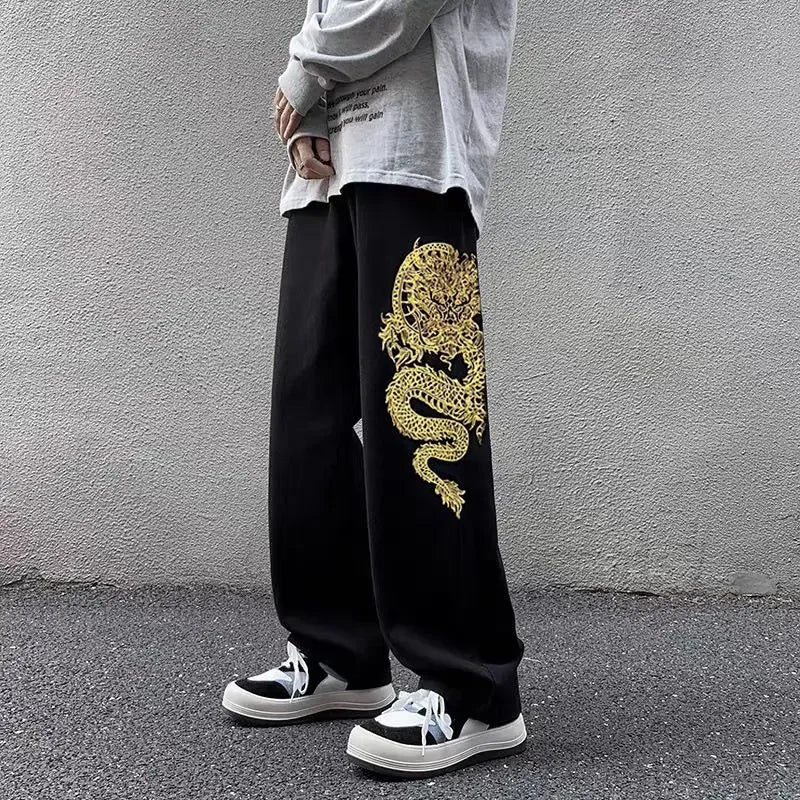 Threebooy Y2k High Street New Style Dragon Pattern Embroidery Baggy Jeans Retro Hip Hop Casual High Waisted Jeans Men and Women Streetwear