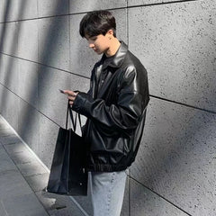 Threebooy Men's Loose Russian PU Leather Jackets Casual Fashion Trend Outerwear Top Black Color Motorcycle Jackets Baseball Coats