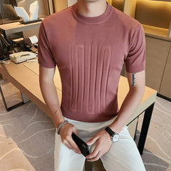 Threebooy  New Summer Men's Short Sleeve Solid Color T shirt Round Collar British Slim Casual Fashion Knit T-Shirts S-3XL