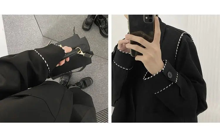 Threebooy Fashion Black Stitching Jacket Men's Buttons Spring Autumn New Loose Turndown Collar Single-breasted Long Sleeves Tops Jackets