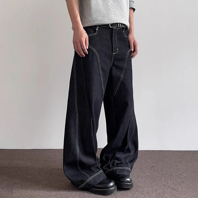 Threebooy Spring And Autumn Men'S Curved Jeans Multiple Visible Lines Men'S Straight Leg Pants Flared Jeans Y2k Hip-Hop Pants