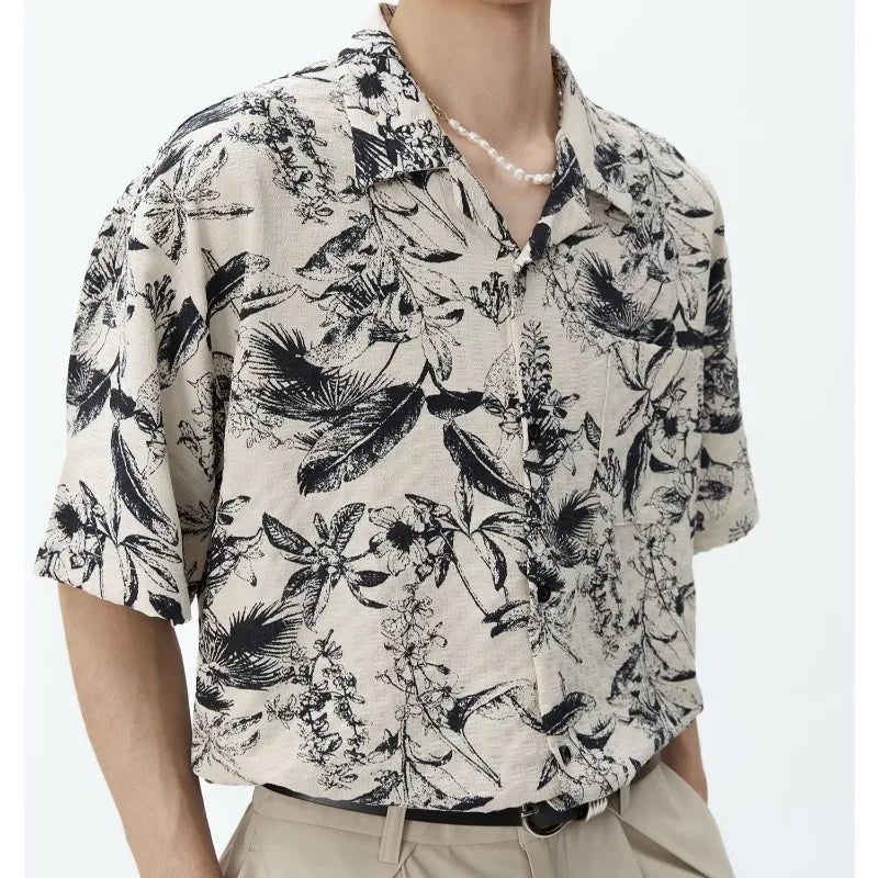 Threebooy  Fashionable Temperament Ink Printing Shirt Men's Summer Loose Short-sleeved Retro Hong Kong Style Floral Design Top