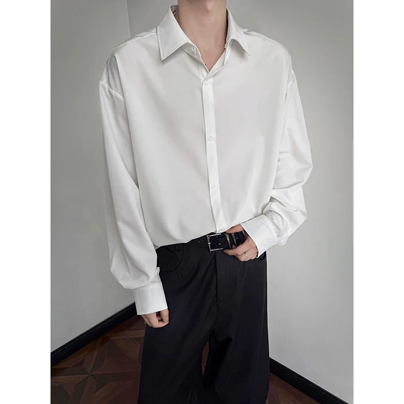 Threebooy  Korean Fashion Men's Long Sleeve Shirts Casual Solid Drop Smooth Social White Black Khaki Shirt