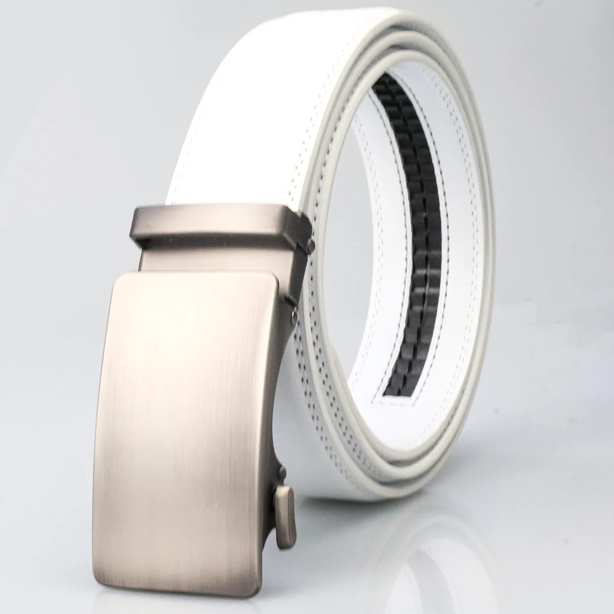 Threebooy  New Fashion 3.5cm Width White Ratchet Belt For Men Genuine Leather Automatic Buckle Casual Trouser Belts Strap 100-130cm