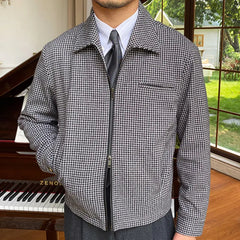 Threebooy High Quality Color Contrast Houndstooth Pattern Jacket Lapel Casual Zipper Coat Business Men Jacket Costume Homme Vintage Jacket