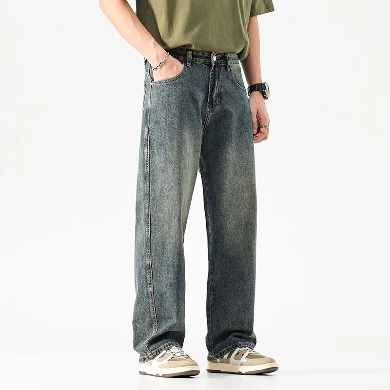 Threebooy  Wide Leg Jeans Men Baggy Pants Summer Straight Cut Loose Retro Blue Denim Pants Streetwear Fashion Pockets Vintage Man Clothes