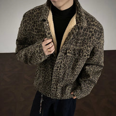 Threebooy Winter velvet thick jacket men's coat Leopard print fashion Short jacket 2025 new loose man cotton coat