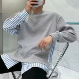 Threebooy Fashion Loose Spliced Casual Striped T-Shirt Men's Clothing Autumn New All-match Pullovers Fake Two Pieces Tee Shirt