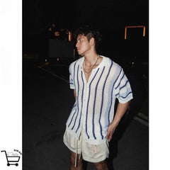 Men and women American high street hip-hop striped lapel short sleeved couple retro summer knitted Harajuku short sleeved top