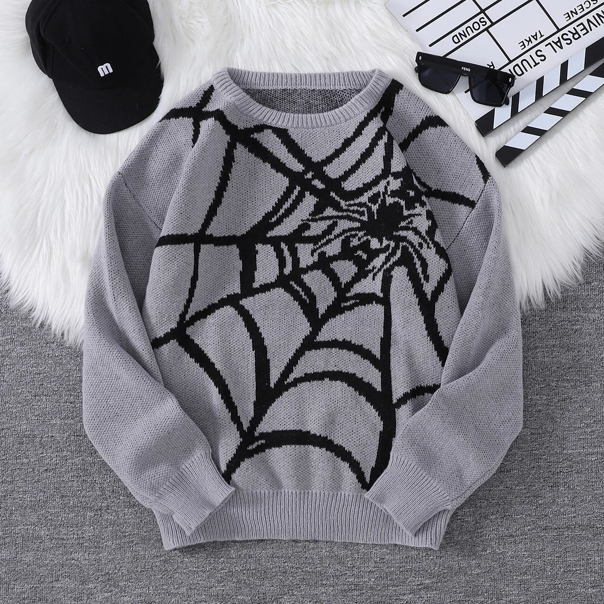 Threebooy  New Popular Autumn and Winter Spider Web Jacquard Pattern Pullover Sweater Casual Round Neck Knitted Men's Pullover