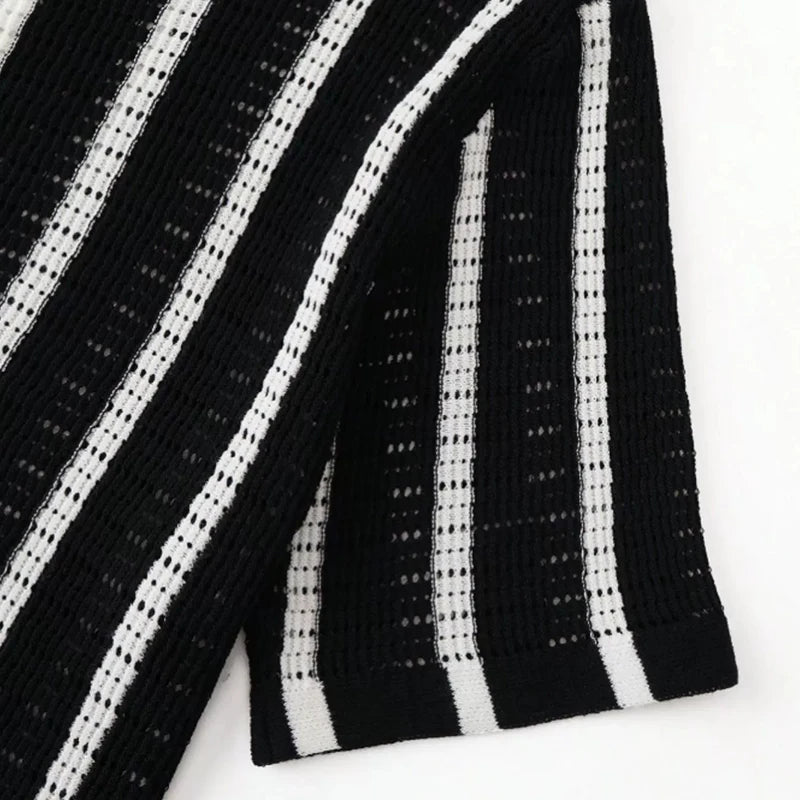Threebooy  New British Business Men Striped Polo Shirt Light Luxury Hollow Out Knit Short Sleeve  T-shirts Loose Breathable Knitwear S-2XL
