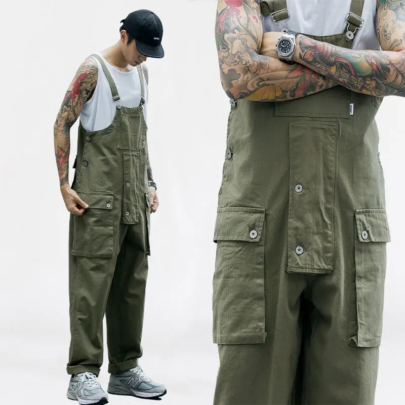 Threebooy Japanese Retro Loose Work Clothes Overalls Korean Jumpsuit High-end Men's Hip-hop Wide-leg Vintage Suspender Pants