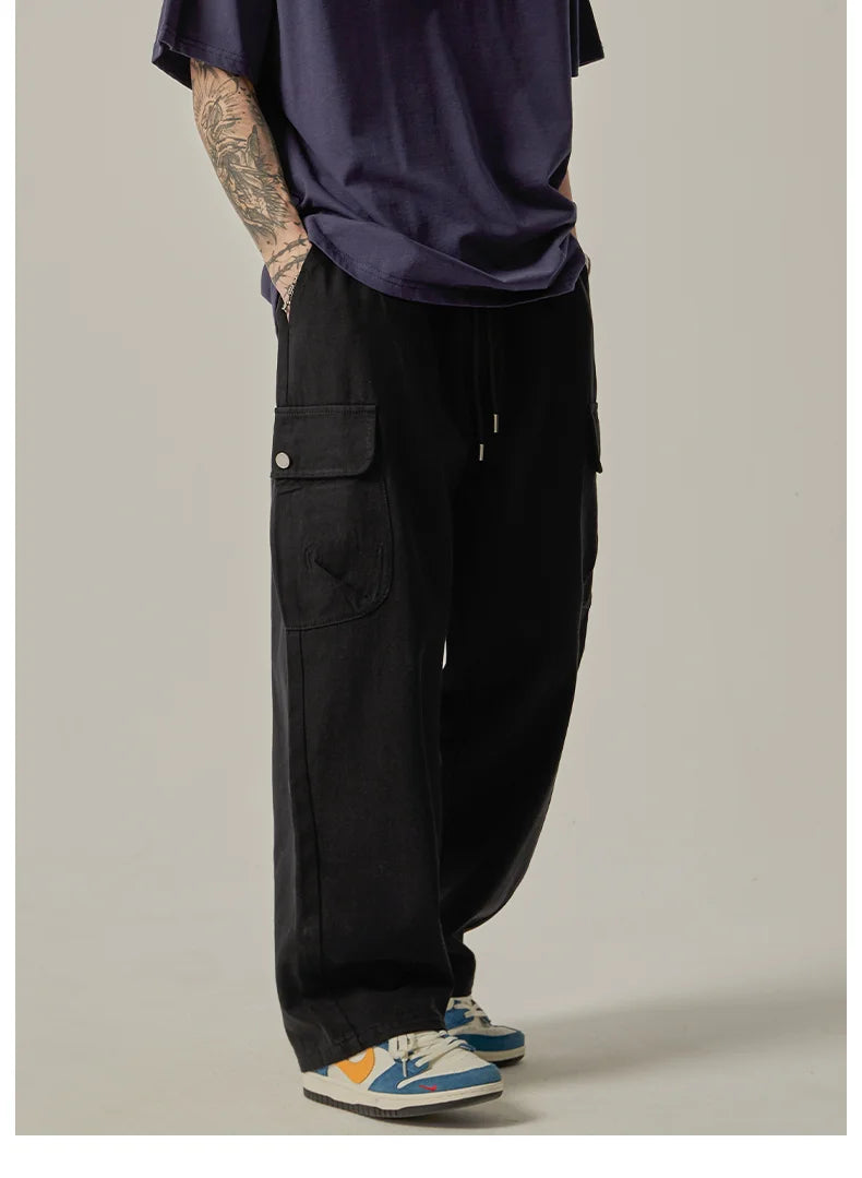 Threebooy Men's Sweatpants 2025 Spring Autumn Vintage Japanese Wide Leg Straight Loose Button Big Pockets Cargo Pants Drawstring Trousers