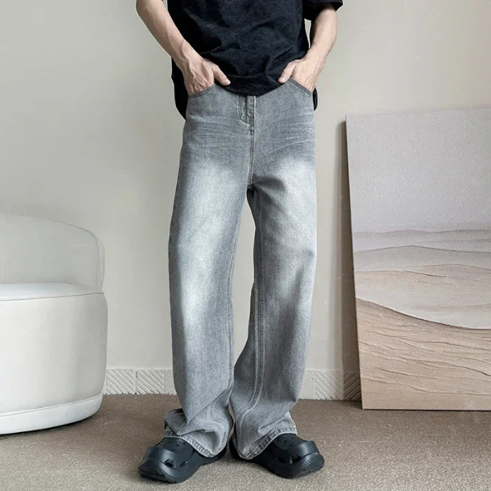 Threebooy  New Vintage Gray Baggy Jeans Men Fashion Harajuku Casual Y2k Pants Straight High Street Male Wide Denim Trousers