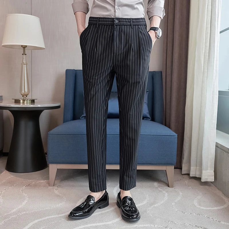 Threebooy British Style Men Business Stripe Dress Pants Men Belt Design Slim Trousers Formal Office Social Wedding Party Dress Suit Pant