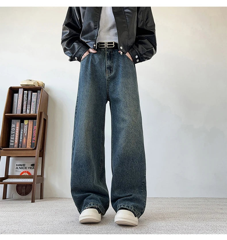 Threebooy Men's Wide Leg Curved-Knife Jeans Summer American Bamboo Pattern Striped Texture Design Men Trendy Denim Pants 2025 Baggy Jeans